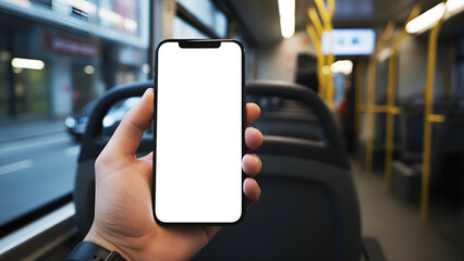Hand holding mobile smartphone with blank white screen mockup inside bus public transport with window view of city street for urban commuter app advertisement display concept
