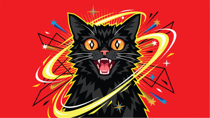 Furious black cat with glowing eyes and open mouth.