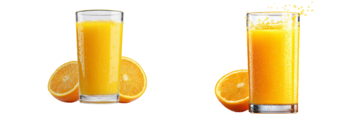 Two glasses of freshly squeezed orange juice with slices on a white surface isolated on transparent background