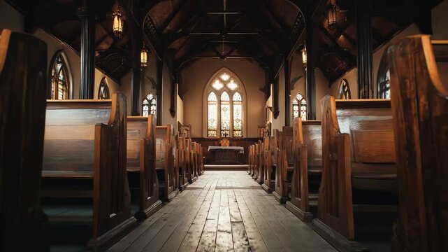 Empty Church Interior with Wooden Pews, Interior of an empty church featuring rows of wooden pews and soft