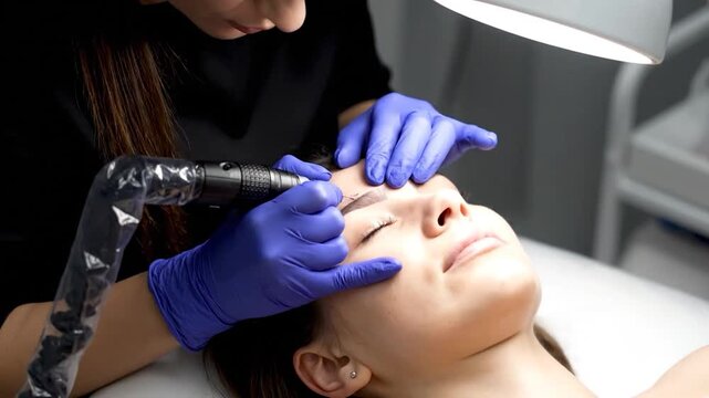 A professional is performing microblading on a woman's brow in a bright beauty clinic
