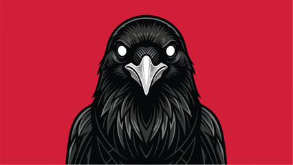 Intense black raven with glowing eyes against a vibrant red background.