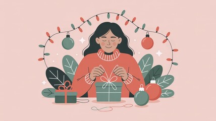 Woman Wrapping Christmas Presents with Festive Lights and Decorations.