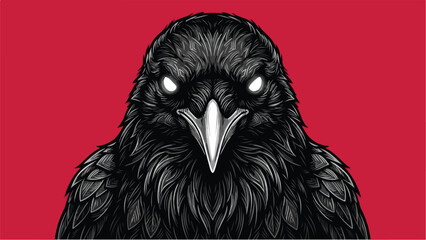 Intense closeup of a black crow with glowing eyes against a vibrant red background.