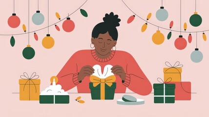 Woman wrapping Christmas presents with festive lights and decorations.