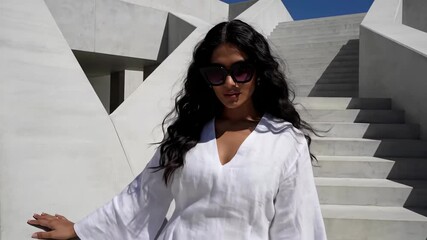 A young woman with long dark hair and sunglasses, wearing a white dress, poses on a modern white staircase with geometric patterns in the background, enjoying the sunny weather.