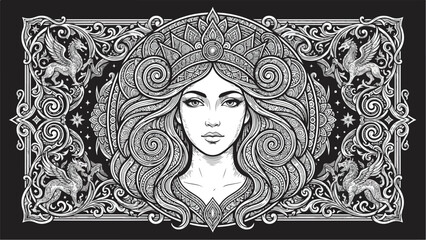 Intricate black and white illustration of a beautiful woman with flowing hair and a crown surrounded by ornate Celtic knot patterns and mythical creatures.