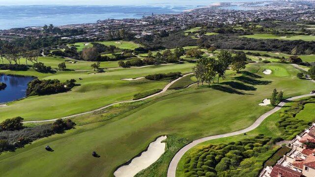 Aerial footage along the coastline at the Pelican Hill Resort in Newport Beach California USA