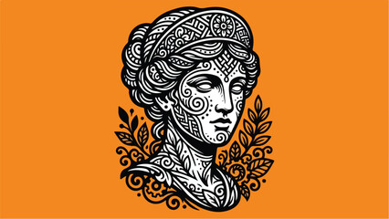 Intricate Goddess Bust with Ornate Details on Orange Background.