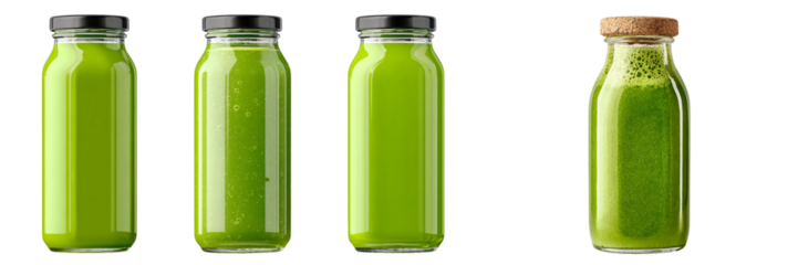 Four glass bottles of green juice on a transparent background with one corked bottle