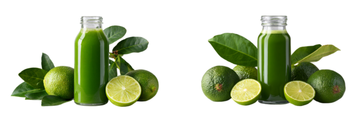 Two glass bottles of green juice with limes and leaves on transparent background