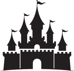 Obraz premium Black and white silhouette of a castle with multiple towers and flags on