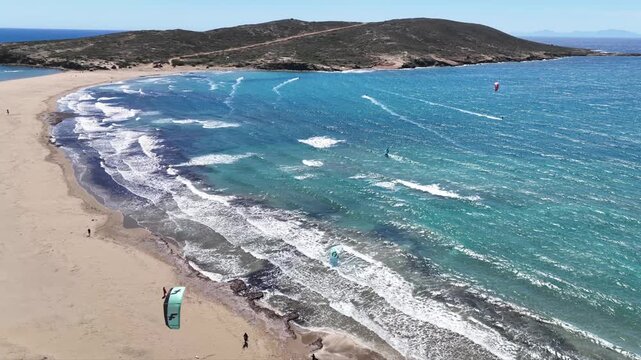 Aerial drone cineamatic video of paradise two sided beach of Prasonisi ideal for wind and kite surfing in Southeast part of Rhodes island, Dodecanese, Greece