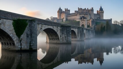 Fototapeta premium Majestic castle on a misty morning with its reflection in water 