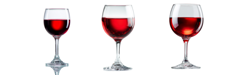 Three wine glasses with different levels of red wine isolated on transparent background