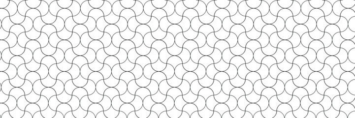 Seamless geometric pattern with interlocking circles vector art black lines on white background minimalist abstract design elegant continuous repeatable tile