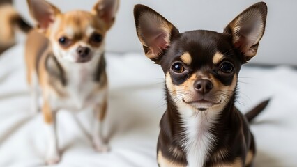 Two small chihuahua dogs sitting on white bed