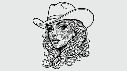 Intricate Line Art Portrait of a Cowgirl with Ornate Details.