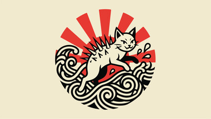 Japanese inspired cat jumping over waves with a rising sun background.