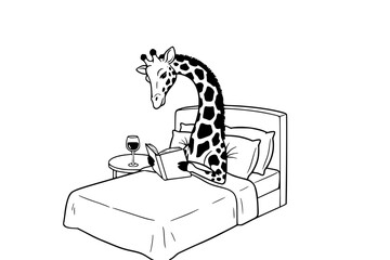 Hand-Drawn Giraffe in Bed with Wine and Book, Minimalist Black and White Cozy Bedroom Reading Illustration Generative ai 