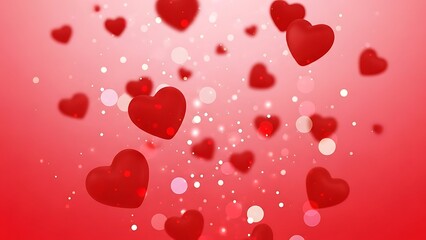 Red heart shapes floating on a pink and red gradient background with bokeh lights