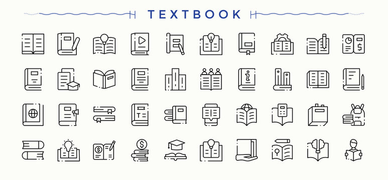 Textbook icon collection. Modern icons collection. Vector illustration. Bible icon set. Containing study, e-text, author, learning and more.