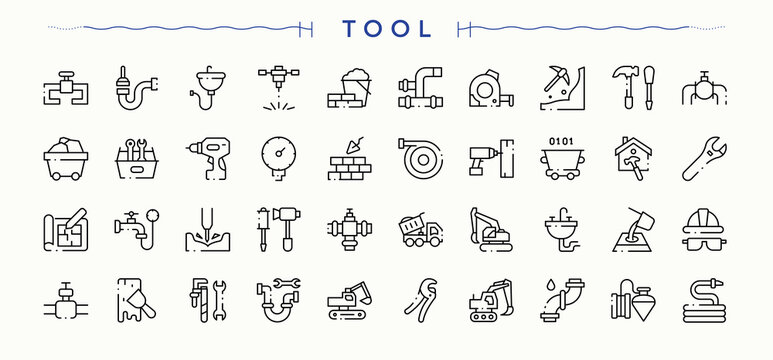 Tools icon set. Minimalist icons collection. Contain linear symbols repair, craft, carpenter tool. Editable stroke. Vector collection. Carpenter Tools modern icon set. - Powered by Adobe