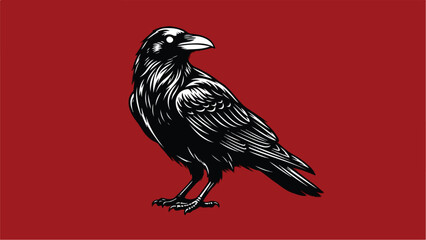 Majestic black raven standing against a vibrant red background.