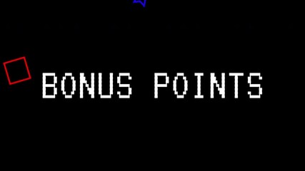 Retro pixel art animation displays bonus points with geometric shapes for gaming. Retro arcade game with text animated in 4K video.