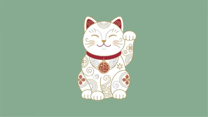 Lucky Cat Maneki Neko Japanese Fortune Charm Illustration.