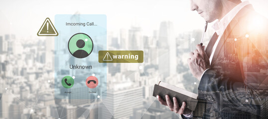 A businessman stands thoughtfully while receiving an unknown call notification amidst a bustling...