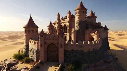 Majestic castle standing proudly amidst the vast desert landscape. The castle's architecture is a testament to history and grandeur, with towers and walls standing tall against the sky.