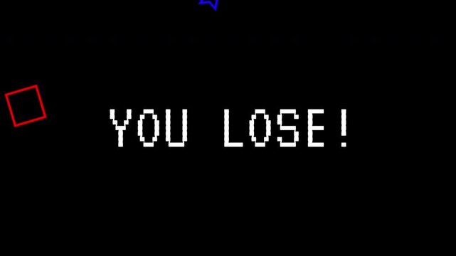 Retro pixel art "YOU LOSE!" screen with animated stars and geometric shapes on a black background. Retro arcade game with text animated in 4K video.