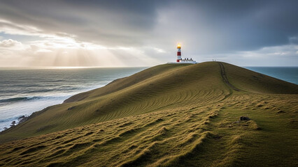 Serene lighthouse on a sandy hill by the ocean, creating peaceful atmosphere with natural lighting and warm tones, during golden hour with cloudy sky