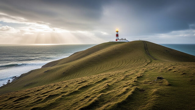 Serene lighthouse on a sandy hill by the ocean, creating peaceful atmosphere with natural lighting and warm tones, during golden hour with cloudy sky - Powered by Adobe