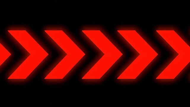 Red Glowing Chevron Arrows Pattern. Right Pointing Vector Graphic on Black Background.