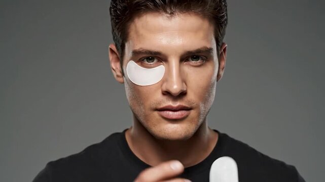 Handsome man applying under-eye patches for skincare on grey background, focus on facial care