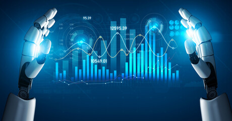 Robotic hands reach towards vibrant digital graphs and metrics, representing the convergence of technology and finance in a modern workspace focused on data analysis. Scalp