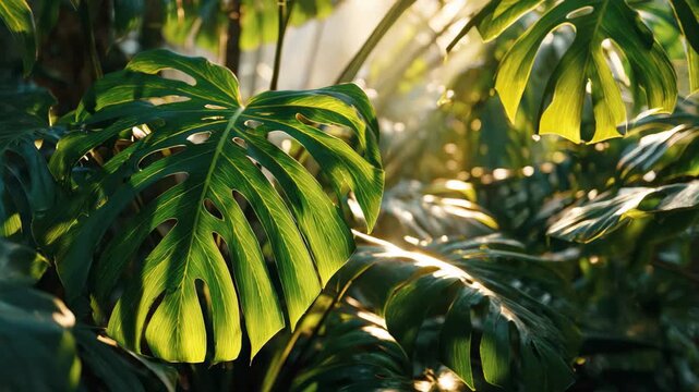 Late Afternoon Sunlight Filtering Through Lush Tropical Leaves, Late afternoon sunlight streams through vibrant tropical leaves