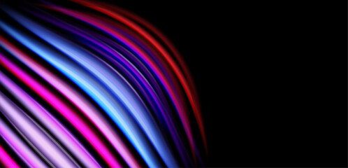 Abstract lines curve, vibrant colors blend into darkness. Dynamic composition creates visual interest, modern aesthetic.