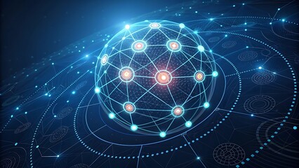 Futuristic digital globe with interconnected nodes and glowing light trails on a dark blue background.