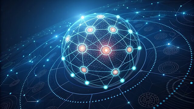 Futuristic digital globe with interconnected nodes and glowing light trails on a dark blue background. - Powered by Adobe