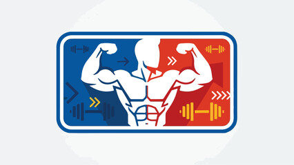 Muscular bodybuilder flexing biceps in a dynamic fitness logo design.