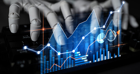 A robotic hand interacts with computer technology, showcasing dynamic financial charts and data analytics, representing innovation in the world of finance and automation. Scalp
