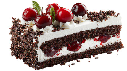 A slice of chocolate cake with cherries on top isolated on transparent background