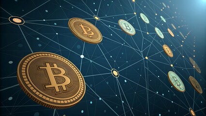 Bitcoin coins floating on an interconnected global blockchain network background.