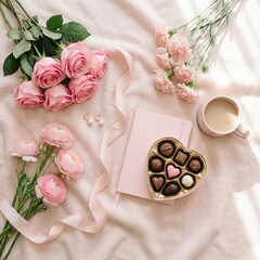 Romantic Flat Lay with Flowers and Chocolates