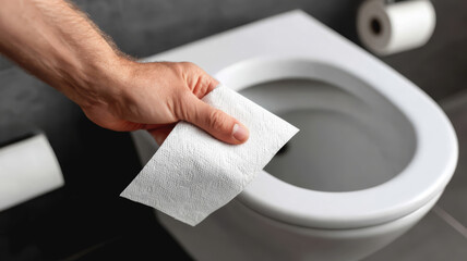 Hand Throwing Wet Toilet Tissue into Open Toilet Bowl During Standard Sanitation Process