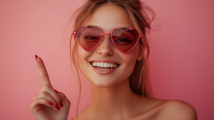 Smiling Young Woman in Red Heart-Shaped Glasses Pointing Up