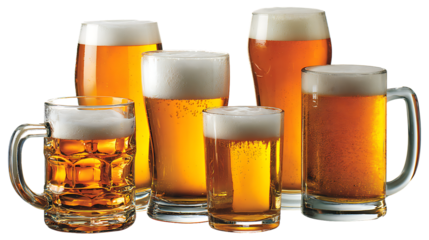 Six glasses of beer with foam on top isolated on transparent background